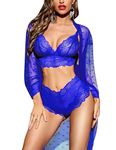 RSLOVE Women Sexy Lingerie Set 3 Piece Lace Kimono Robe with Bra and Panty Sheer Sleepwear Blue M