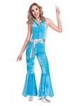 amscan 9905749 Adult Ladies Blue Disco Jumpsuit Fancy Dress Retro Costume (UK Dress 10-12)