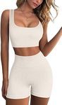 QINSEN Yoga Outfit for Women Ribbed Seamless 2 Piece GMY Workout Tank Tops High Waist Short Sets 02 Beige S