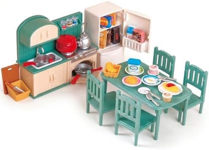 OLEOCA Family Deluxe Dollhouse Dining Set — Stove & Sink Unit, Fridge with Opening Doors, Table & Chairs, Dishes & Play Food — Dollhouse Furniture & Accessories for Ages 3+