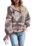 Womens Aztec Half Zip Up Hoodies Sweatshirt Casual Long Sleeve Oversized Ethnic Tribal Hooded Pullover Shirt Top, Pink, Medium