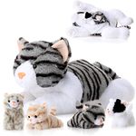 Skylety 5 Pieces Cat Stuffed Animal with Babies Inside Mommy Cat with 4 Cute Fluffy Plush Kittens in Cat's Belly Nurturing Cat Halloween Plush Christmas Birthday Surprise Gifts(Gray)