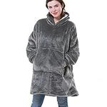 AZENTOP Oversized Hoodie Blanket Plush Sherpa Wearable Hooded Giant Sweatshirt Blanket Soft Warm Cosy Thermal Throw Blanket for Adults, Men, Women, Girls, Boys, One Size - Grey