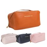 More The Merrier Large Capacity Cosmetic Travel Bag 9.25" Length - Portable Leather Makeup Organizer with Handle, Divider, and Wide Opening - Women's Makeup Storage for Travel and Daily Use (Brown)