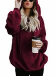 CHICALLURE Women's Fluffy Flannel Hoodie Pullover Long Sleeve Quarter Zip Sherpa Sweaters Tops Fleece Cozy Sweatshirt(Wine Red, L)