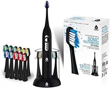 Pursonic S430 Power Rechargeable Sonic Toothbrush: 40,000 Strokes Per Minute, 12 Brush Head Replacements & Toothbrush Set Included - Black