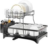 Double Dish Drying Rack, Drying Rack for Kitchen Counter, Stainless Steel Large Dish Strainer with Drainboard Set for Sink, 2 Tier Dish Drainers with Utensil Holder