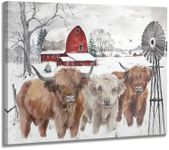 Highland Cow Winter Wall Art Canvas: Rustic Farmhouse Wall Decor - Winter Scene Pictures Prints Artwork Decorations for Home - Red Barn Windmill Painting Landscape Framed 12"x10"