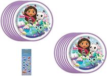 Unique Gabbys Dollhouse Birthday Party Supplies Bundle Pack includes Lunch Paper Plates and 1 Dinosaur Sticker Sheet - 16 Plates