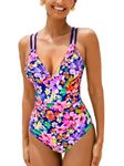 CUPSHE Women's One Piece Swimsuit V Neck Tummy Control Double Adjustable Straps Back Cutout O-Ring, Pink Floral, Medium