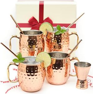 Kitchen Science Copper Moscow Mule Mug Gift Set – 4 Tarnish-Resistant 19 oz Mugs with Stainless Steel Interior, 4 Straws & Jigger – Ideal for Cocktails, Bars & Gifts