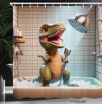 Ambesonne Funny Shower Curtain, Whimsical Scene of Dino Character Taking a Shower and Singing with a Mic, Cloth Fabric Bathroom Decor Set with Hooks, 69" W x 70" L, Olive Green Dark Tan