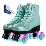 Roller Skates for Women Men Shiny PU Leather High-top Roller Skate Shoes for Beginner Classic Double-Row Roller Skates, Indoor Outdoor Roller Skates (Crystal Green Flash Wheels,37)