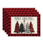 Artoid Mode Red and Black Buffalo Plaid Christmas Trees Placemats Set of 4, 12x18 Inch Winter Table Mats for Outdoor Home Party Kitchen Dining Decor