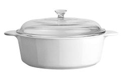 CorningWare Glass-Ceramic Pyroceram Round Classic Casserole, 2.4 Quart / 2.25 Liter Cooking Pot with Handles & Glass Cover - White (Medium)