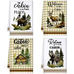 Buryeah 4 Pcs Farmhouse Hand Towels Set 23.6 x 16 Inches Country Style Decorative Hand Towels Deer Bear Log Cabin Decor Soft Absorbent Rustic Kitchen Towels for Cabin Bathroom Bath Dish Spa Yoga