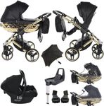 Junama Diamond Hand Craft V3 2in1 3in1 4in1 Baby Pram Pushchair Car Seat ISOFIX + Umbrella Exclusive Prams (4in1, Black-Gold 05)