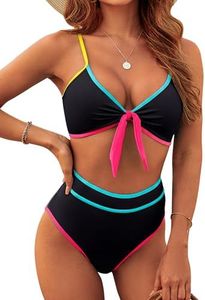 Blooming Jelly Womens High Waisted Bikini Set Tie Two Piece Swimsuit Color Block Bathing Suit 2026 (Medium, Black)