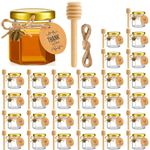 MIXMIO Mini Glass Honey Jars 30 Pack, 1.5 oz Hexagon Honey Jars with Wooden Dipper, Gold Lids, Gold Bee Pendants, Jutes, Bee Stickers, 30 Pack Honey Jars Perfect for Baby Shower Wedding