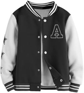 SHENHE Boy's Button Up Varsity Jacket Color Block Letter Print Baseball Bomber Jacket Black and White 8Y