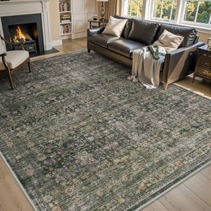 Olive Green Vintage Area Rug 244cm x 305cm Rugs for Living Room-Soft Distressed Printed Rugs for Bedroom-Non Slip Carpet-Machine Washable Rug for Dining Room Living Room Bedside Office