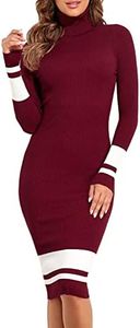 PrettyGuide Women's Ribbed Long Sleeve Sweater Dress Turtleneck Slim Fit Knitted Midi Dress Burgundy with White M