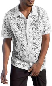 Mens Lace Sheer Button Down Shirt Floral Meshed Short Sleeves Knit Shirts Tee Top Openwork Beach Casual Vacation White X-Large