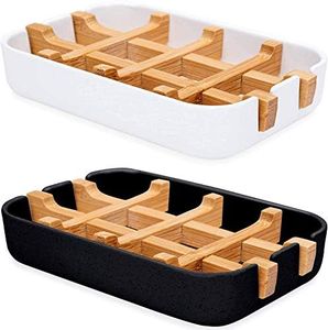 Lakifmo Jabonera Baño, 2 Paquetes Jabonera Ducha Bambu, Jaboneras de Lavabo Madera, Negro & Blanco
