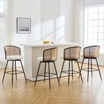 Bekrvio Swivel Bar Stools Set of 4, 29" Mid-Century Modern Faux Leather Barstools with Rattan Back and Metal Legs, Upholstered Bar Height Stools for Kitchen Island, White