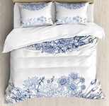 Ambesonne Blue Duvet Cover Set, Floral Bouquet Corsage Carnations Chamomiles Bridal Wedding Anniversary Theme, Decorative 3 Piece Bedding Set with 2 Pillow Shams, Queen Size, White Blue