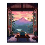 Artery8 Mount Fuji View from House Patio Colourful Painting Traditional Tea Ceremony Japanese Hospitality Sunset Mountain Landscape Extra Large XL Wall Art Poster Print