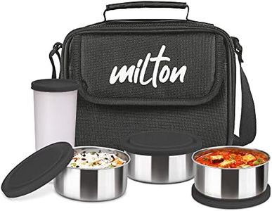 MILTON New Steel Combi Lunch Box with Insulated Fabric Jacket, 3 Stainless Steel Containers 280 ml Each & 1 Plastic Tumbler with lid 400 ml, Leak-Proof Tiffin for Office, College, Picnic, Black