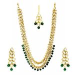 Chrishan high gold plated ethnic kundan pearl long necklace set for women and girls. (Green)