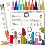 Funcils Metallic Liquid Chalk Pens for Chalkboard Signs, Blackboard, Window, Labels, Bistro, Glass, Car (10 Pack, 3mm) - Wet Wipe Erasable Ink Chalk Board Markers, Reversible Tip Liquid Chalk Markers