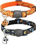 Giecooh Halloween Cat Collar,2 Pack Breakaway Cat Collar with Bells,Pumpkin and Ghost Charm, Halloween Orange+Black