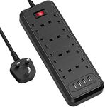 Surge Protected Extension Lead with USB Slots, KEPLUG 8 Way Plug Extension with 4 USB, Black Multi Plug Power Strip 2M Extension Cable, 1050J, 3250W/13A UK Power Socket Extension Cord for Home Office