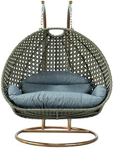 LeisureMod Charcoal Blue 2 Person Hanging Double Swing Chair with Stand and Cushion for Indoor Outdoor Patio Garden