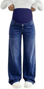 BLENCOT Maternity Jeans for Women Wide Leg Over Belly Comfy Stretch Denim Pants Pregnancy Boyfriend Jean Blue Sapphire S