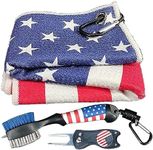 Golf Club Brush and Amercian Flag Golf Towels, Golf Groove Cleaner Cleaning kit, Golf Accessories Cleaner Tool with Strong Magnet Stick to Golf Clubs or Bag (3-in-1 Accessories)