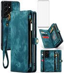 Asuwish Phone Case for Samsung Galaxy S21 Ultra Glaxay S21ultra 5G Zipper Wallet Cover with Tempered Glass Screen Protector and Flip Card Holder Cell Accessories Gaxaly 21S S 21 21ultra G5 Women Blue