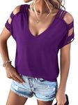 Remidoo Women's Ladder Cut Out T Shirt Tops Short Sleeve V Neck Tee Top Blouses, Dark Purple, Small