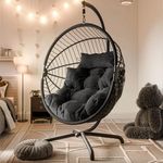 Blisswood Rattan Swing Chair for Indoor & Outdoor use - Hammock Hanging Egg Chair with Cushion and Stand - Foldable Wicker Pod Chairs for Garden, Patio or Balcony - Upto 150kg Weight Capacity (Black)