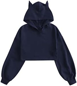 WDIRARA Girl's Cute Cat Ear Crop Tops Long Sleeve Causal Plain Hoodie Sweatshirt Shirt Navy Blue 7Y