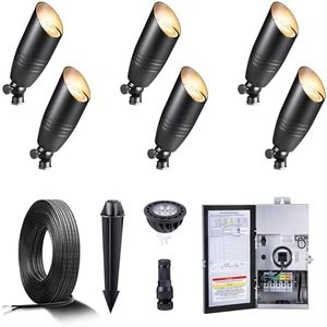 Gardenreet Black Brass Low Voltage Landscape Spotlights(6-Pack) Kit 12V LED with Low Voltage Transformer 150W & Mechanical Timer & 100FT Wire & 30Pack Connectors for Outdoor House Garden Patio