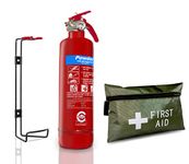 FSS UK 1 KG ABC Dry Powder FIRE Extinguisher with 5 Year Warranty & 1ST AID KIT Ideal CAR Home Travel CARAVANS Trucks FIRE Extinguisher with First AID KIT. British Standard KITEMARK