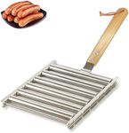 YURUIHKAO 14 Inch Long Hot Dog Roller BBQ Hot Dog Evenly Cook Sausage Roller Rack Stainless Steel Corn Grill with Detachable Wooden Handle for Outdoor Cooking and Barbecue (Medium)