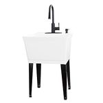 VETTA White Utility Sink Laundry Tub with High Arc Black Kitchen Faucet by VETTA - Pull Down Sprayer Spout, Heavy Duty Slop Sinks for Washing Room, Basement, Garage, or Shop, Free Standing Tubs