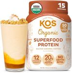 KOS Vegan Protein Powder, Salted Caramel Coffee - Low Carb Pea Protein Blend, Organic Plant Superfood Rich in Vitamins & Minerals - Keto, Dairy Free - Meal Replacement for Women & Men - 15 Servings
