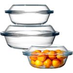 Set of 3 (0.6QT+1.2QT+1.9QT) Glass Casserole Dish With Glass Lid, Round Oven Safe Glass Bakeware with Handles