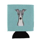 Caroline's Treasures BB1174CC Checkerboard Blue Italian Greyhound Can or Bottle Hugger Cooler Washable Drink Sleeve Collapsible Beverage Insulated Holder, Can Hugger, Multicolor